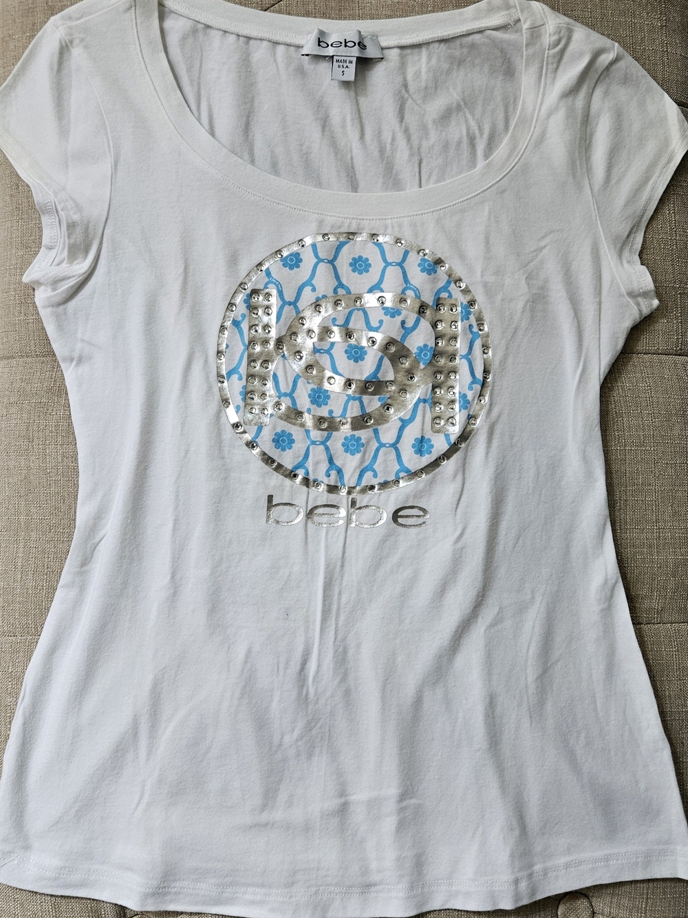 Bebe White Short Sleeve Tee with Blue Silver Logo